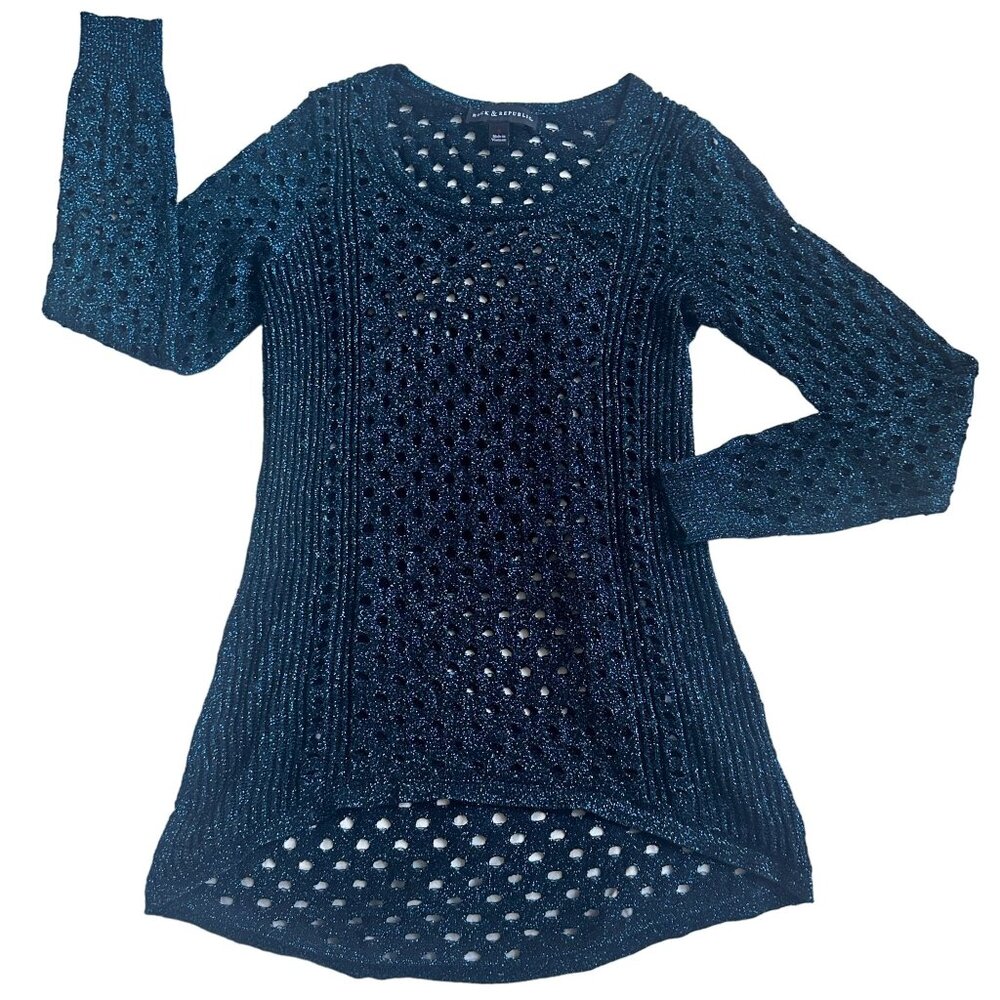 Rock & Republic Y2K Green Metallic Knit Sparkly Mesh High Low Tunic Sweater Sz S